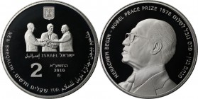 Weltmunzen und Medaillen , Israel. Menachem Begin (1913-92) Friedensnobelpreis 1978 (Vetragmit Agupten). 2 New Sheqalim 2010, 0.86 OZ. Silber. KM 479....