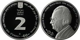 Weltmunzen und Medaillen , Israel. Ytzhak Rabin - Nobelpreis 1994 (mit Peres, Araf) - ermordet 1995. 2 New Sheqalim 2011, 0.86 OZ. Silber. KM 496. PCG...