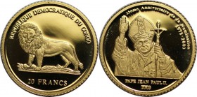 Weltmunzen und Medaillen , Kongo / Congo. Papst Joh. Paul II. 20 Francs 2003, 0.999 Gold. 1.24g. KM 136. Polierte Platte mit Kapsel