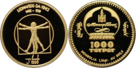 Weltmunzen und Medaillen , Mongolei / Mongolia. Leonardo da Vinci. 1000 Togrog 1999, 0.999 Gold. 1.24g. KM 185. Polierte Platte mit Kapsel