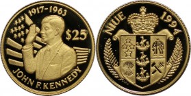 Weltmunzen und Medaillen , Niue. J.F. Kennedy. 25 Dollar 1994. KM 79. 0.999 Gold 1.24g. Polierte Platte mit Kapsel