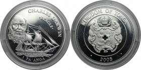 Weltmunzen und Medaillen , Tonga. CHARLES DARWIN. 1 Pa'anga 2005, Silber. 0.84 OZ. KM 218. Polierte Platte, in Munzkapsel