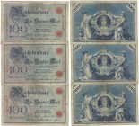 Banknoten, Deutschland / Germany. Reichsbanknoten und Reichskassenscheine (1874-1914). 3 x 100 Mark Reichsbanknote 8.6.1907. Pick: 30, Ro: 30. 3 Stuck...