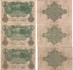 Banknoten, Deutschland / Germany. Reichsbanknoten und Reichskassenscheine (1874-1914). 3 x 50 Mark Reichsbanknote 7.2.1908. Pick: 32, Ro: 32. 3 Stuck....