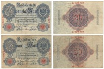 Banknoten, Deutschland / Germany. Reichsbanknoten und Reichskassenscheine (1874-1914). 2 x 20 Mark Reichsbanknote 19.2.1914. Pick: 46, Ro: 47a. 2 Stuc...