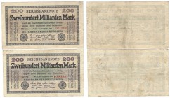 Banknoten, Deutschland / Germany. Geldscheine der Inflation (1919-1924). 2 x 200 Mrd Mark Reichsbanknote 15.10.1923. Pick: 121, Ro: 118b, 2 Stuck. III...