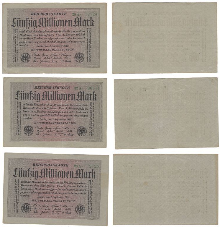 Banknoten, Deutschland / Germany. Geldscheine der Inflation (1919-1924). 3 x 50 ...