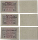 Banknoten, Deutschland / Germany. Geldscheine der Inflation (1919-1924). 3 x 50 Mio Mark Reichsbanknote 1.9.1923. Pick: 109, Ro: 108a. 3 Stuck. II Sie...