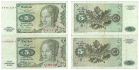 Banknoten, Deutschland / Germany. BRD: Deutsche Bundesbank. 5 Deutsche Mark 2.1.1960 Pick: 18, Ro: 262b, 5 Deutsche Mark 2.1.1980 Pick: 30b, Ro: 285, ...