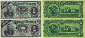 Banknoten, Uruguay. El Banco Italiano Del Uruguay. 100 Pesos 1887. Zwei ungeschnittene pcs Ser. A und B. Pick-S215. UNC