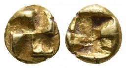 Ionia, undetermined mint, EL 1/24 stater, ca. 625-600 BC
Raised "mill sail" pattern
Irregular four part incuse square
Rosen 365. 
6.7mm / 0.6g