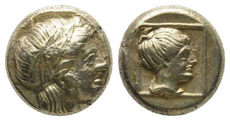 Island of Lesbos, Mytilene, EL hekte, ca. 377-326 BC
Laureate head of Apollo ri...