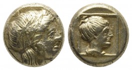 Island of Lesbos, Mytilene, EL hekte, ca. 377-326 BC
Laureate head of Apollo right
Draped bust of a female facing right within linear square.
Boden...