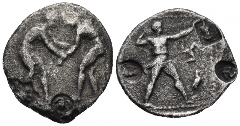 Pamphylia, Aspendos, ca. 380-325 BC AR stater
Two wrestlers grappling, two count...