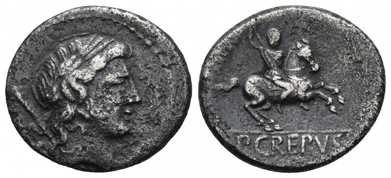 P. Crepusius, AR denarius, Rome Mint, 82 BC.
Laureate head of Apollo right, behi...
