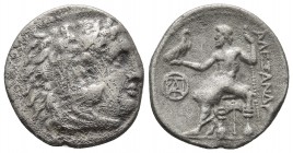 Kings of Macedonia, in the name of Alexander III the Great, 336-323 BC, posthumous issue, AR drachm, Miletos Mint, ca. 295-294 BC.
Head of Herakles we...