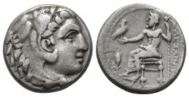 Kings of Macedonia, in the name of Alexander III the Great, 336-323 BC, posthumous issue, AR drachm, Miletos Mint, ca. 323-319 BC.
Head of Herakles we...