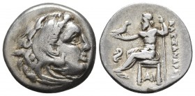 Kings of Macedonia, in the name of Alexander III the Great, 336-323 BC, posthumous issue, Lampsakos Mint, ca. 323-317 BC.
Head of Herakles wearing lio...