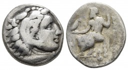 Kings of Macedonia, in the name of Alexander III the Great, 336-323 BC, lifetime issue, AR drachm, Lampsakos Mint, ca. 328-323 BC.
Head of Herakles we...