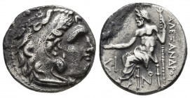 Kings of Macedonia, in the name of Alexander III the Great, 336-323 BC, posthumous issue, AR drachm, Lampsakos Mint, ca. 310-301 BC.
Head of Herakles ...