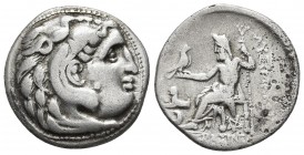 Kings of Thrace, Lysimachos 305-281 BC, AR drachm, Kolophon Mint, ca. 299-296 BC.
Head of Herakles wearing lion's scalp right
Zeus seated left, holdin...