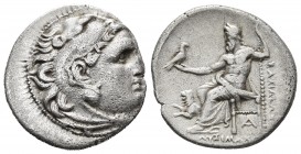 Kings of Thrace, Lysimachos 305-281 BC, AR drachm, Magnesia Mint, ca. 299-296 BC.
Head of Herakles wearing lion's scalp right
Zeus seated left, holdin...