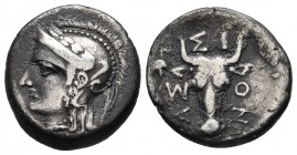 Troas, Assos, 4th - 3rd cent. BC, AR drachm
Head of Athena wearing helmet decorated with laurel wreath left
Facing bukranion, bunch of grapes in left ...