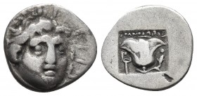 Islands off Karia, Rhodes, plinthophoric AR hemidrachm, magistrate Athanodoros, ca. 170-150 BC
Radiate head of Helios facing three quarters right
Rose...