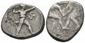 Pamphylia, Aspendos, late 5th - 4th cent. BC, AR stater
Two wrestlers grappling. No visible symbols
Slinger in short chiton standing right, shooting h...