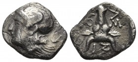 Troas, Assos, 4th - 3rd cent. BC
Head of Athena wearing helmet decorated with laurel wreath left
Facing bukranion, AΣ-ΣI-ON around.
SNG COP 226. 
16.3...