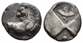Thrace, Chersonesus, ca. 357-320 BC, AR hemidrachm
Forepart of lion right, head turned left
Quadripartite incuse square composed of two raised and two...