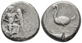 Cilicia, Mallos, ca. 425-385 BC, AR stater
Winged male genius running to right, holding solar disc
Swan standing left. Above and to the right [MA]P, i...