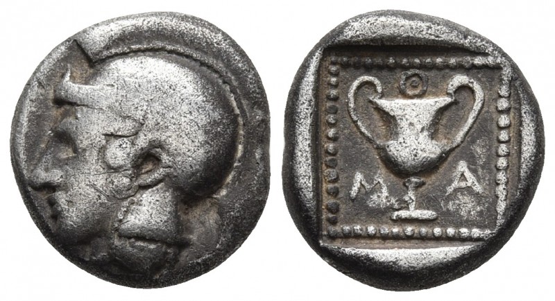 Island of Lesbos, Methymna, ca. 450-379 BC, AR drachm
Helmeted head of Athena le...