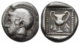 Island of Lesbos, Methymna, ca. 450-379 BC, AR drachm
Helmeted head of Athena left
Within incuse a dotted square frame with kantharos. In fields M-A, ...