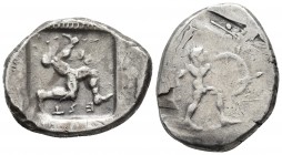Pamphilia, Aspendos, ca. 460-420 BC, AR stater 
Hoplite with spear and shield advancing right. Traces of undertype
Triskeles with human legs and EΣΤ w...