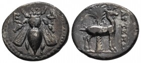 Ionia, Ephesos, ca. 202-150 BC, magistrate Artemon, AR drachm
Bee, E-Φ in fields
Stag standing to the right, palm tree behind. To the right APTEMΩN.
S...