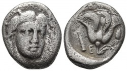 Islands off Karia, Rhodes, AR didrachm, ca. 340-316 BC
Head of Helios facing three quarters right
Rosebud, to the left club and letter E, at hte top P...