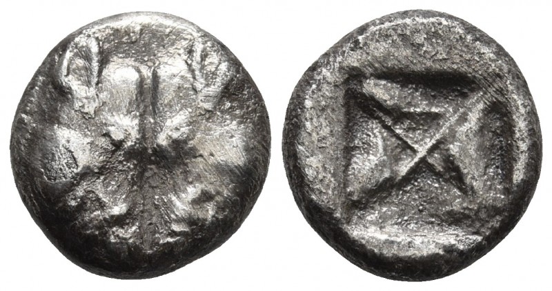 Lesbos, uncertain mint, early 5th cent. BC, BI 1/4 stater 
Confronted heads of b...