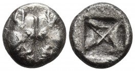 Lesbos, uncertain mint, early 5th cent. BC, BI 1/4 stater 
Confronted heads of boars
Incuse square
Rosen 541. 
13.9mm / 3g