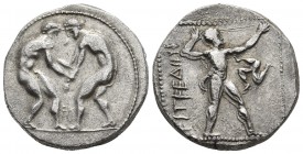 Pamphylia, Aspendos, ca. 380-325 BC, AR stater
Two wrestlers grappling. In the centre below FA
Slinger in short chiton standing right, shooting his we...