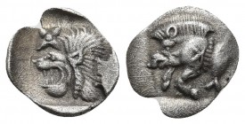 Mysia, Cyzicus, ca. 5th cent. BC, AR hemiobol
Forepart of boar left, behind tunny
Within incuse square head of lion left with star above
SNG COP 49. 
...