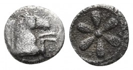 Aeolis, Kyme, 4th cent. BC, AR hemiobol
Protome of a horse jumping right
Rosette of six petals.
Klein 334; SNG COP 34v (eight petals) 
7.2mm / 0.3g