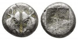 Lesbos, uncertain mint, early 5th cent. BC, BI 1/12 stater
Two boars' heads confronted
Incuse square
Rosen 542-543. 
9mm / 1.2g