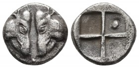 Lesbos, uncertain mint, early 5th cent. BC, BI 1/6 stater (?) 
Confronted heads of boars
Quadripartite incuse square, a pellet in one of the fields
SN...