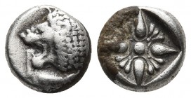 Ionia, Miletos, late 6th - ealry 5th cent. BC, AR diobol
Forepart of lion right, head reverted left
Star-like floral ornament within Incuse square
SNG...