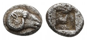 Troas, Kebren, 5th cent. BC, AR hemiobol
Head of ram right
Incuse square.
Rosen 531. 
6.3mm / 0.3g
