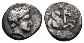 Mysia, Lampsakos, ca. 4th cent. BC, AR trihemiobol
Laureate head of Apollon right
Forepart of pegasos right, beneath snail, Λ-A-M around
SNG Von Auloc...