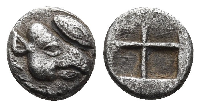 Lesbos, uncertain mint, early 5th cent. BC, BI 1/24 stater
Boar head right, abov...