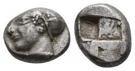 Ionia, Smyrna, late 6th cent. BC, AR trihemiobol
Head of a female in archaic style left
Quadripartite incuse square
Rosen 596-7. 
9.1mm / 1.4g