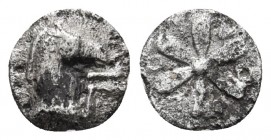 Aeolis, Kyme, ca. 350-250 BC, AR hemiobol
Protome of a horse jumping right
Rosette of six petals, between them A-I-O-Λ-O-Σ
Klein 334cf; SNG COP 34cf. ...